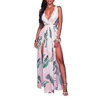 LKOUS Women's Floral Print Dresses, High Split Beach Hawaiian Long Dress,Swimwear Cover Ups Vacation Flowy Maxi Dress