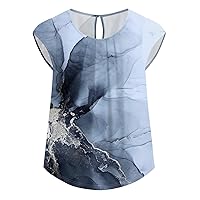 Women's Tops Summer Peplum Tops for Women 2024 Summer Casual Fashion Print Bohemian Loose Fit with Short Sleeve Round Neck Shirts Navy Small
