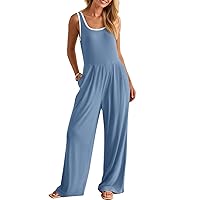 MEROKEETY Women's Summer Casual Sleeveless Jumpsuits Ribbed Knit One Piece Scoop Neck Wide Leg Rompers