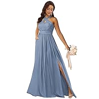 Dusty Blue Plus Size Bridesmaid Dress with Pockets Chiffon Halter Evening Dress for Wedding Size 18W