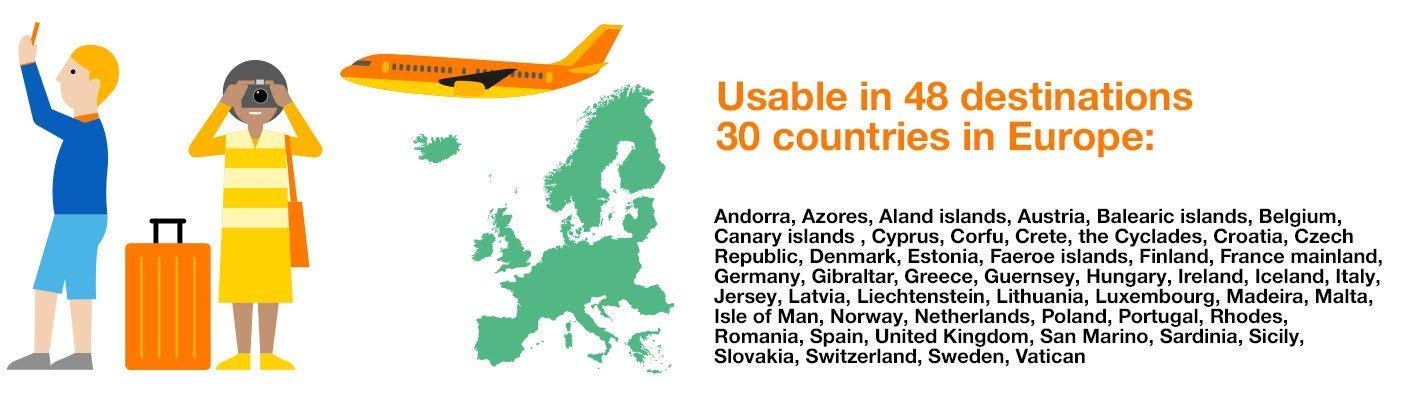 Orange Holiday Europe - 3GB Internet Data in 4G/LTE (currently 8GB promotion) + 30mn + 200 Texts from 30 Countries in Europe to Any Country Worldwide