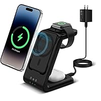 3 in 1 Wireless Charging Station, Fast Charger Stand Compatible for iPhone/Apple Watch/Airpods, 5000mAh Mag-Safe Battery Pack USB C Power Bank for 15 14 13 12 Series, 20W PD Adapter (Black)