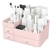 Makeup Organizer for Vanity,Makeup Desk Cosmetic Storage Box Organizer with Drawers,Large Capacity Countertop Organizer or Skin Care, Brushes, Eyeshadow, Lotions, Lipstick,Nail Polish. (Pink)