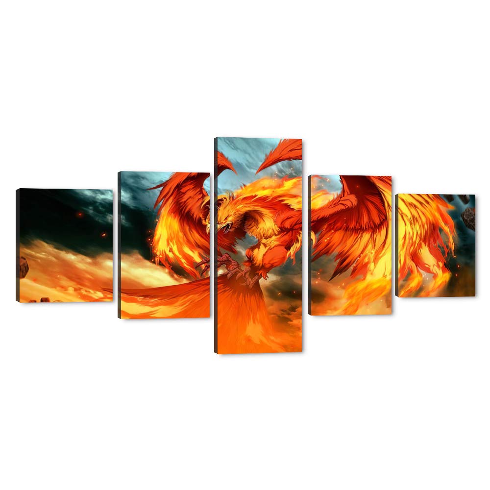 Fire and Phoenix Canavs Wall Art Prints Volcanic Burning Phoenix Bird Picture Poster Artwork 5 Panels Red Phoenix Arts Home Office Livign Room Bedr...