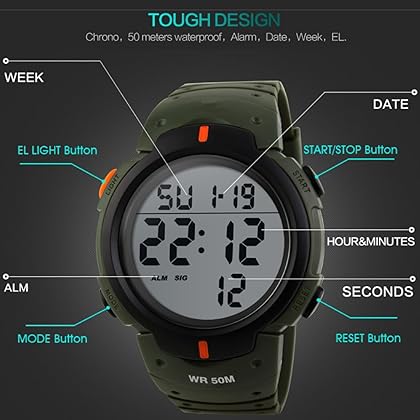 CakCity Mens Digital Sports Watch LED Screen Large Face Military Watches for Men Waterproof Casual Luminous Stopwatch Alarm Simple Army Watch