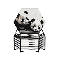 Cute Pandas Coasters Set of 6 Ceramic Coaster with Holder Absorbent Coasters for Drinks Heat Resistant Coffee Table Coasters Cup Pad for Kitchen Office Home Decoration
