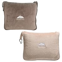BlueHills Travel Blanket Pillows for Two Airplane Traveling Essentials Flight Throws in Bag case with Backpack Clip Compact Large Plane Accessories – Taupe and Beige