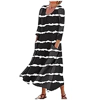 Dresses for Women 2024 Printed 3/4 Sleeve Beach Dress with Pocket Lightweight Swing Dresses Vacation Trendy Sun Dress