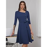 Dresses for Women 2023 Women's Casual Dress Asymmetrical Neck Button Front Belted Dress (Color : Navy Blue, Size : X-Large)