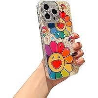 for iPhone 15 Pro Max Case Bling Camera Lens Protection Glitter Cute Cartoon Kawaii IMD Pattern Design Silicone Shockproof Protective Phone Case (Sunflower, iPhone 15 Pro Max 6.7