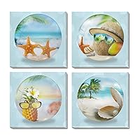 Seascape Beach Life Wall Art Blue Ocean Nature Painting Canvas Pictures Bedroom Home Decor 4 Pieces Framed Print Artwork (blue, 12x12inch)