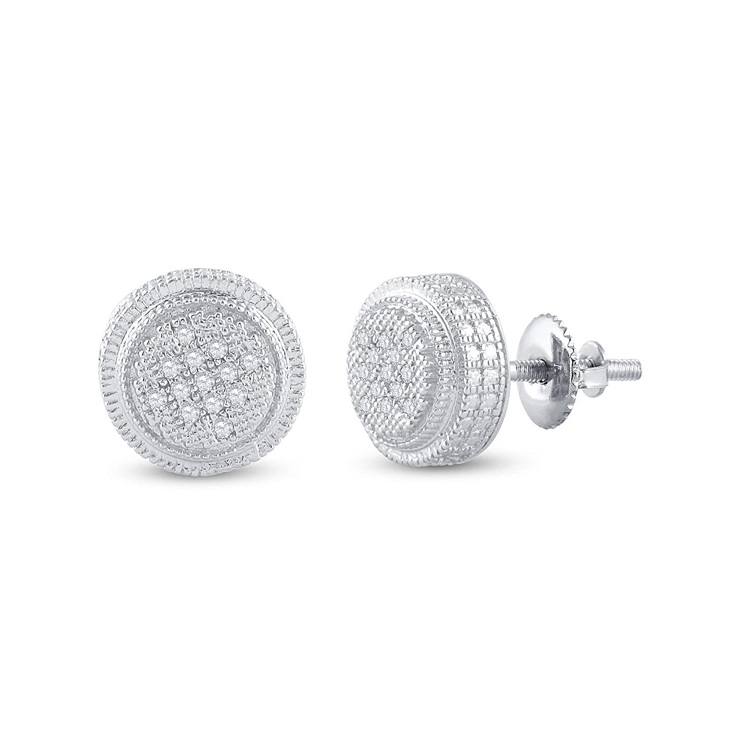 The Diamond Deal Sterling Silver Mens Round Diamond 3D Circle Disk Earrings 1/20 Cttw