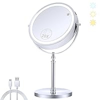 Lighted Makeup Mirror, 20X Magnifying Mirror with Light, Double Sided Makeup Mirror with 20X/1X Magnification, 360°Rotation, 3 Colors Brightness Adjustable Vanity Mirror with 42 LEDs, 2000mAh