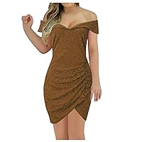 Women Trendy Wrap Sheath Off Shoulder Sleeveless Cocktail Party Pleated Ruffle Slit Mini Dress Short Sleeve Ruched Bodycon