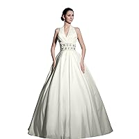 AMBRIDAL Women's Elegant A-Line Halter Floor-Length Satin Wedding Dress