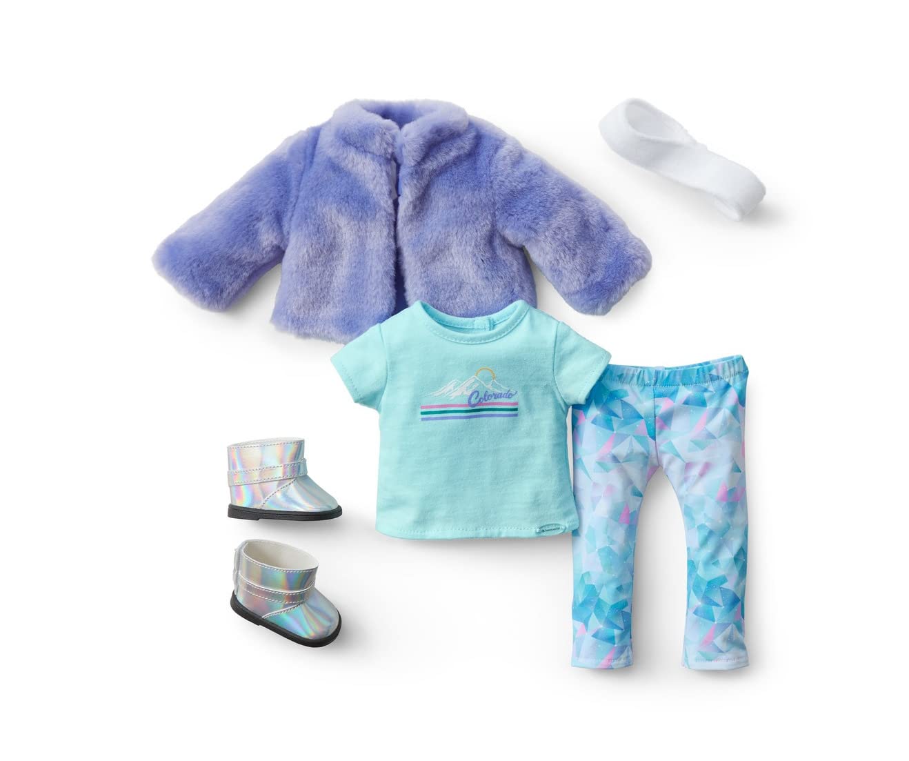 American Girl 2022 Girl of The Year Corinne’s Casual Outfit for 18-inch Dolls with a Purple Coat, and a Pale Blue Short-Sleeved tee, a Pair of Multicolored Print Leggings, White Fleece Headband