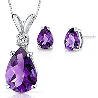PEORA 14K White Gold Amethyst Pendant and matching Earrings - Pear Shaped Amethyst Diamond Pendant 2 Carats + Pear Shaped Amethyst Stud Earrings 1 Carat