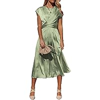 PRETTYGARDEN Women's 2024 Summer Satin Midi Dress Cap Sleeve Tie Waist Elegant A-Line Flowy Dresses