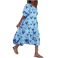 Women Summer Casual Floral Midi Dress Puff Short Sleeve Tiered Swing Ruffle Flowy A-Line Dresses for Vacation