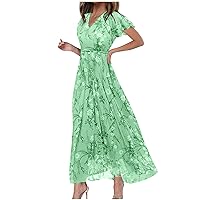 Summer Dresses for Women 2024 Chiffon Floral Beach Dress,Elegant Wrap V Neck Sundress Flowy Boho Dress Casual Vacation Dress