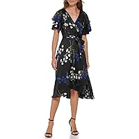 DKNY Women's Double Ruffle Sleeve Asymmetrical Hem Faux Wrap Dress