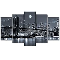 DekHome 5 Panels NYC Brooklyn Bridge Canvas Wall Art Manhattan Night View in Black and White Giclee Canvas Prints for Bedroom Home Decorations