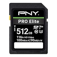PNY 512GB PRO Elite Class 10 U3 V30 SDXC Flash Memory Card - 100MB/s, Class 10, U3, V30, 4K UHD, Full HD, UHS-I, Full Size SD