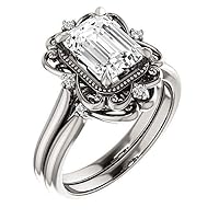 JEWELERYN 2 CT Emerald Cut VVS1 Colorless Moissanite Engagement Ring Set, Wedding/Bridal Ring Set, Sterling Silver Vintage Antique Anniversary Promise Ring Set Gift for Her
