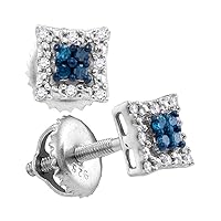 The Diamond Deal Sterling Silver Womens Round Blue Color Enhanced Diamond Square Cluster Screwback Earrings 1/10 Cttw