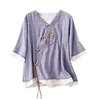 Women's Summer Cotton Linen Button 3/4 Sleeve Shirts Loose Crew Neck Casual Boho Top Vintage Embroidery Blouse Tops