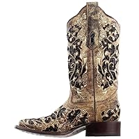 Corral Boots Womens Sequined Tooled-Inlay Square Toe Dress Boots Mid Calf Low Heel 1-2