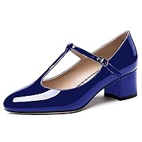 WAYDERNS Women's Patent Leather T Strap Ankle Strap Round Toe Low Chunky Heel Pumps Shoes 2 Inch