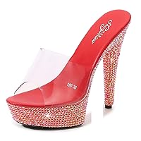 Sexy PVC Platform Stiletto High Heels for Women Rinestones Mule Shoes Heels Slip on Slippers Open Toe Slingback Sandals for Party Event Night Dress 13cm/5.1inch