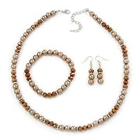 Light Brown/Topaz Glass Bead With Crystal Rings Necklace, Flex Bracelet & Drop Earrings Set In Silver Tone - 44cm L/ 5cm Ext