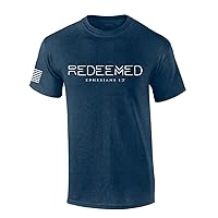 Mens Christian Shirt Redeemed Ephesians 1:7 Scripture American Flag Sleeve T-Shirt Graphic Tee