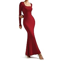 SUUKSESS Women Ribbed Maxi Long Sleeve Dress Square Neck Sexy Bodycon Dresses