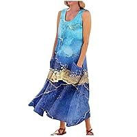 HTHLVMD Trendy Tunic for Ladies Oversized Summer College Sleeveless Print Blouses Stretch Pleated Linen Scoop Neck Fitted Tunic for Women Blue