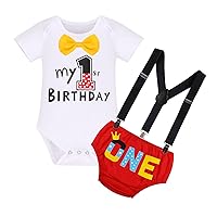 Gentleman Mouse First Birthday Cake Smash Photo Props Outfit for Baby Boys Romper Suspenders Diaper Cover Shorts Baby Shower Mouse Theme Birthday Party Supply Red + Blue - My 1st Birthday 12-18 Months