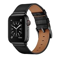 OUHENG Compatible with Apple Watch Band 49mm 45mm 44mm 42mm, Genuine Leather Band Replacement Strap Compatible with Apple Watch Ultra 2/1 Series 9/8/7/6/5/4/3/2/1/SE2/SE, Black Band with Black Adapter