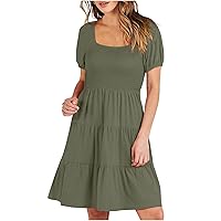 Women's Summer Dresses 2024 Ruched Dresses for Women Solid Color Casual Simple Fashion with Short Sleeve Square Collar Flowy Mini Dress Army Green X-Large
