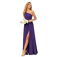SYYS Women's Chiffon Bridesmaid Dresses Purple Long with Slit Flowy Aline One Shoulder Formal Dress with Pockets 28W