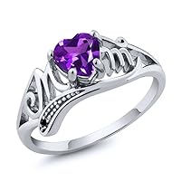 Gem Stone King 925 Sterling Silver Heart Shape Mothers Day Purple Amethyst & Black Diamond Mom Women Ring | 0.41 Cttw | Gemstone Birthstone | Size 5,6,7,8,9