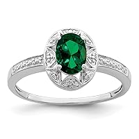 925 Sterling Silver Rhodium-Plated Diamond and Created Emerald Ring