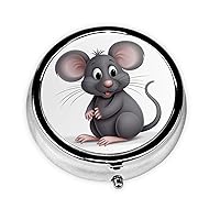 Grey Rat Printed Round Pill Box,Mini Pill Case,Round Metal Pill Case,3 Compartments to Hold Vitamin,Medicine,Fish Oil