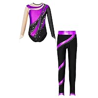 iiniim Gymnastic for Kids Girls Long Sleeve Metallic Leotard with Leggings Sets Sequins Tracksuit Performance Dancewear
