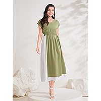 Women's Dresses Two Tone Batwing Sleeve Dress - Casual Colorblock V Neck A Line Long Dress Dress for Women (Color : Green, Size : Large)