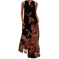 White Dress Women Long Boho, Women Summer Casual Sleeveless Print V Neck Maxi Loose Dress Boho Beach Long with