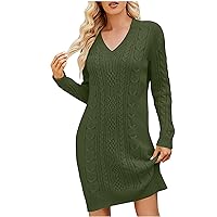 Women Basic V Neck Long Sleeve Sweater Dress Casual Bodycon Knit Mini Pullover Tunic Dress Dressy Comfy Sheath Dress