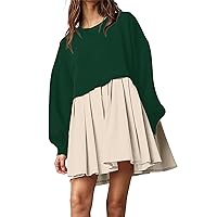 Womens Dresses 2023 Loose Crew Neck Solid Color Long Sleeve Dress Trendy Patchwork Pleated Oversized Casual Dress