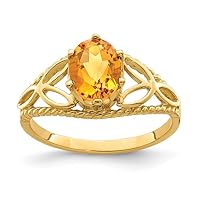 Solid 14k Yellow Gold 8x6mm Oval Citrine Yellow November Gemstone Checker Engagement Ring